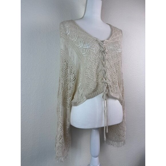 Willow+Root‎ women's XS cream crocheted lace up cropped bell sleeve boho top - Picture 2 of 11